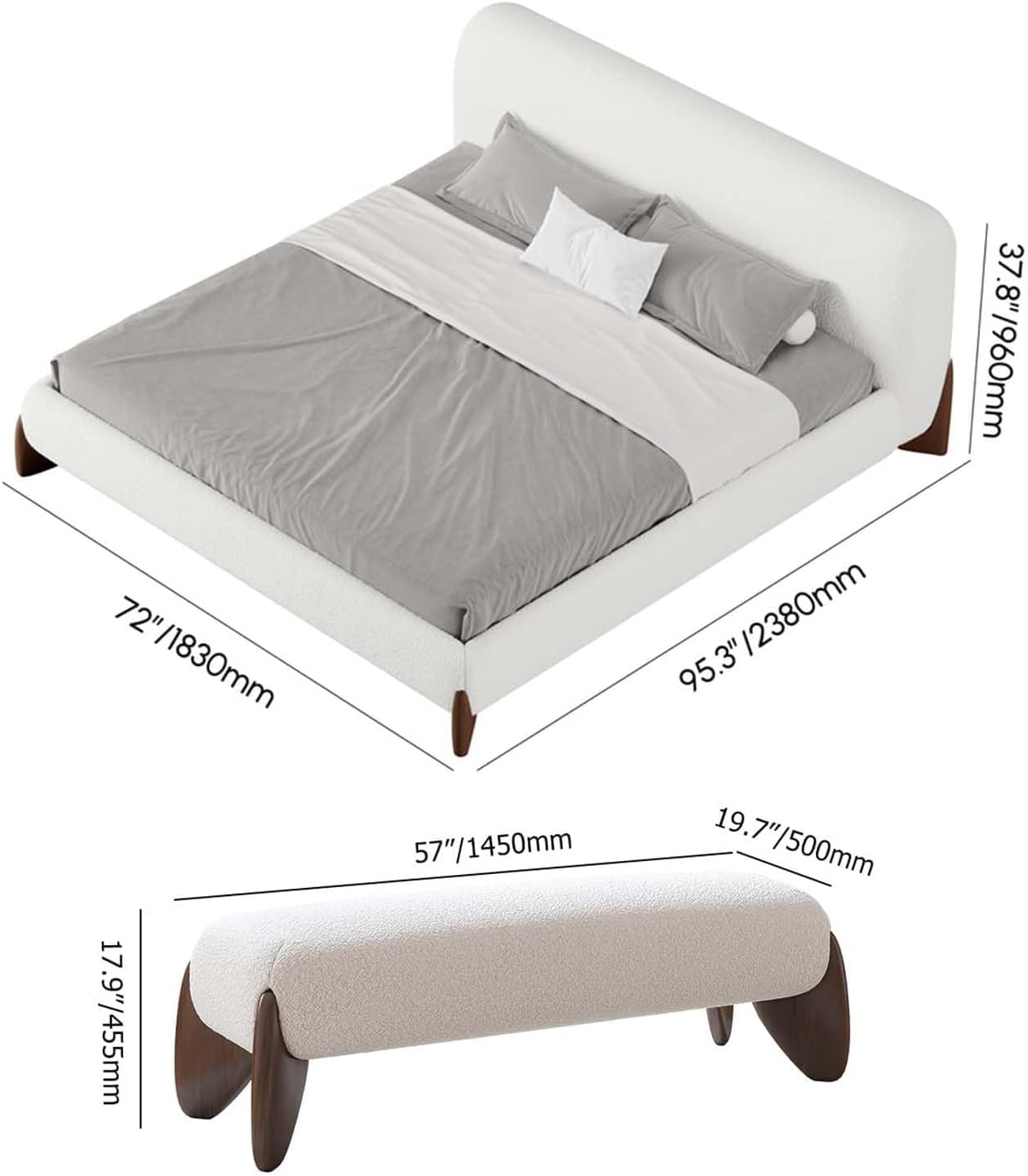 homary Modern Bedroom Furniture Set 2 Piece, White Boucle Queen Size Platform Bed Set & Bedroom Bench with Solid Rubber Wood Legs, Upholstered Headboard for Master Suite or Guest Room