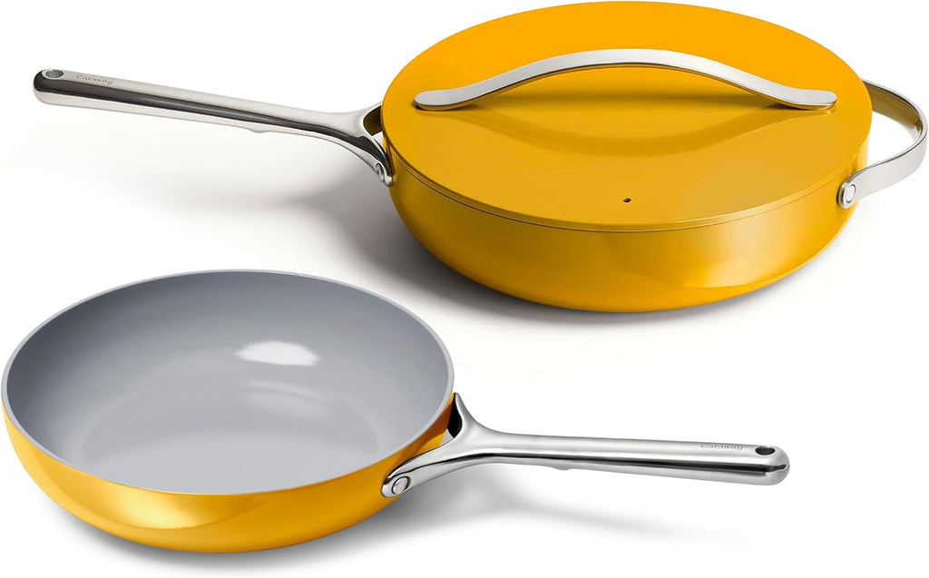 Caraway Fry Pan and Sauté Pan Duo - 10.5' Ceramic Frying Pan and 11.8' Deep Sauté Pan with Lid - Non Stick, Non Toxic, Oven Safe - Marigold