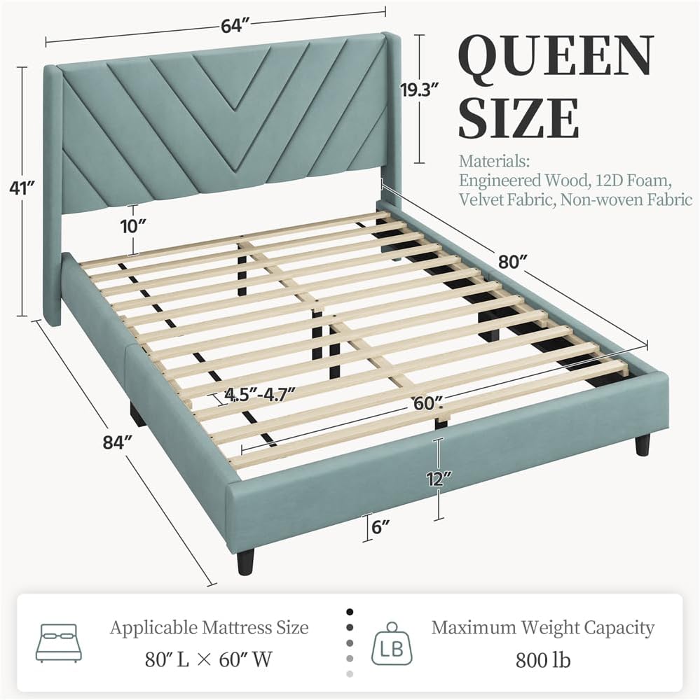 Yaheetech Queen Bed Frame Upholstered Platform Bed/Wooden Slat Support/Tufted Headboard with Wing Side/Mattress Foundation/No Box Spring Needed,Blue Lake Queen
