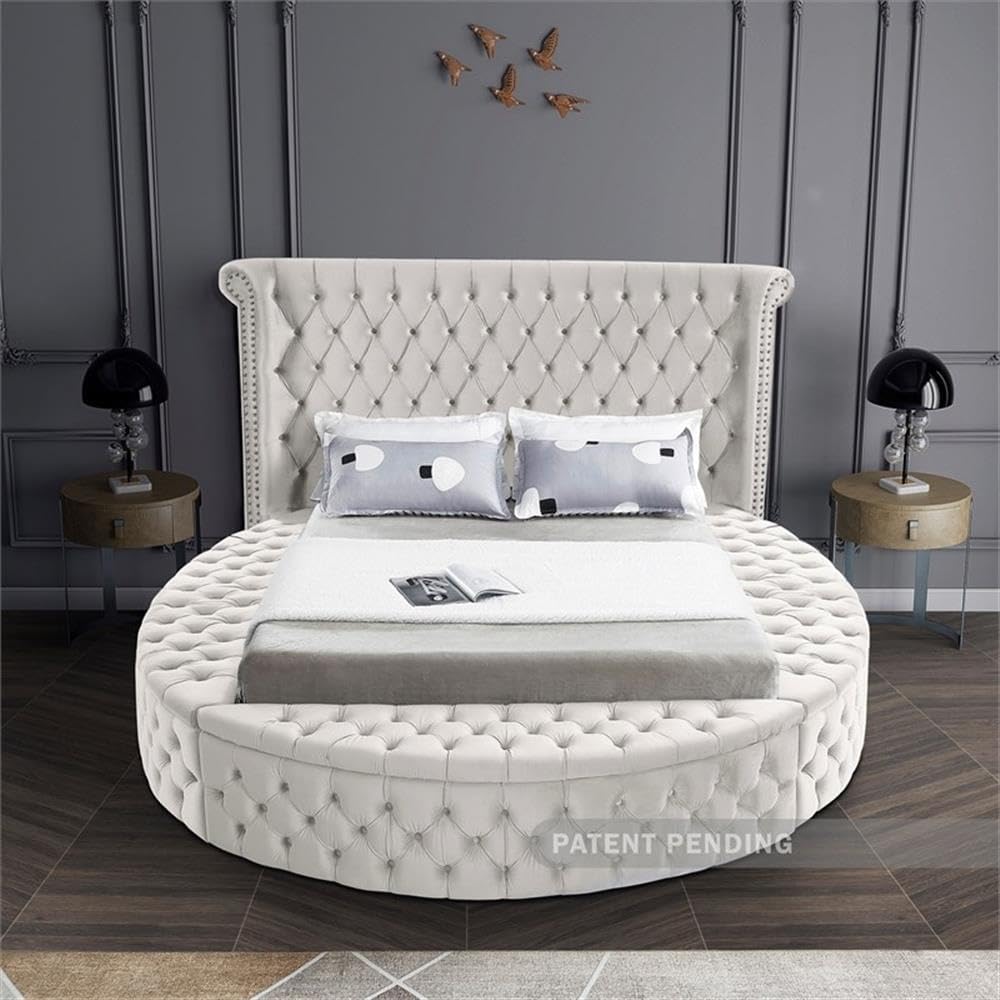 Meridian Furniture Luxus Collection Modern | Contemporary Round Shaped Velvet Upholstered Bed with Deep Button Tufting and Footboard Storage, King, Cream