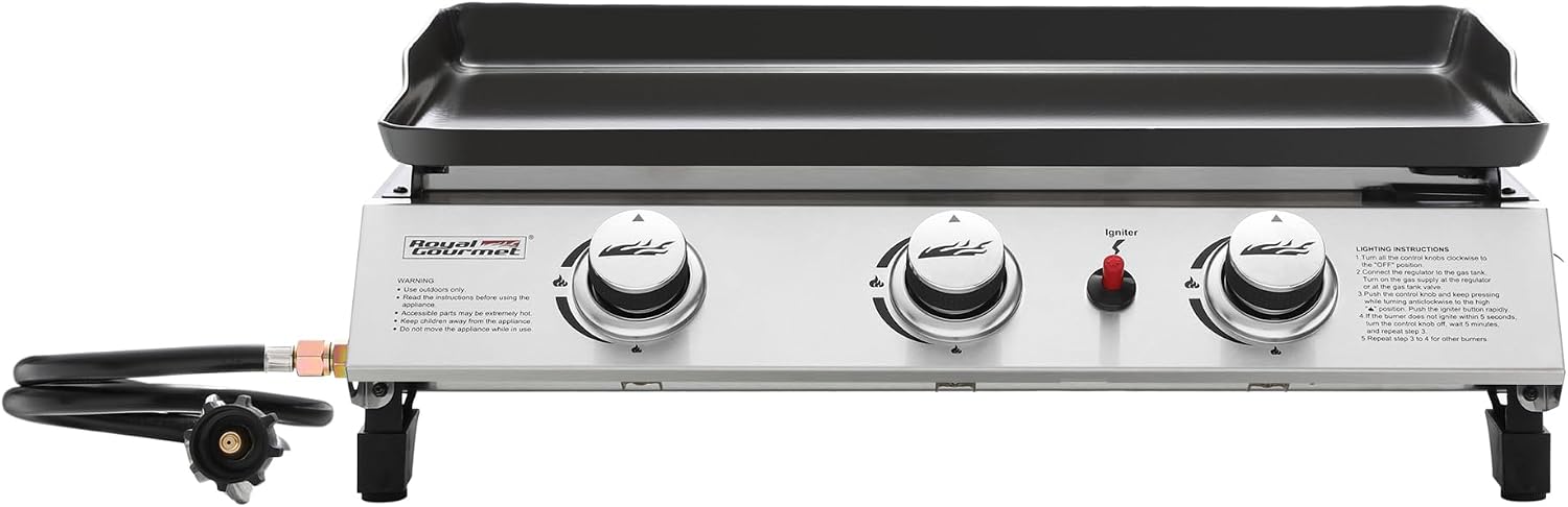 Royal Gourmet PD1300 3-Burner Portable Propane Gas Grill Griddle, 26,400 BTU Table Top Griddle for Outdoor Cooking, Camping, Tailgating, or Picnics, Silver