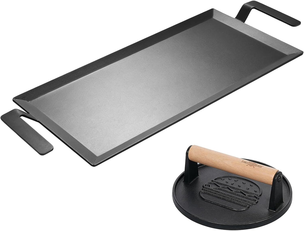 XUDAKAIXIN Carbon Steel Griddle + Grill Press | Professional-Grade Seasoned Cookware | Induction, Gas & Oven Compatible (Up to 1200°F) | Long-Lasting & Durable
