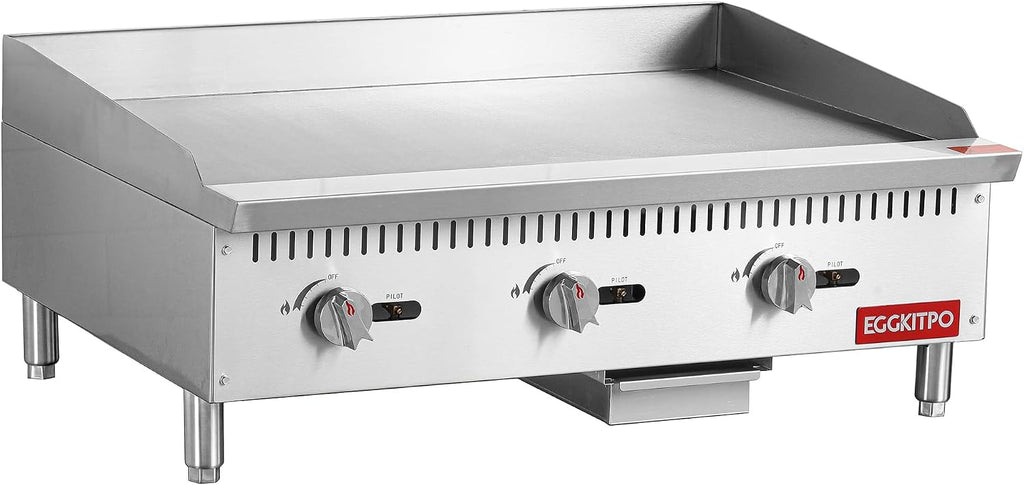 EGGKITPO 36 Inch CSA Certified Commercial Propane/Natural Gas Griddle Manual Controls 90,000 BTU Countertop Flat Top Grill Hot Plate with Independeent Knob 3 Burners Teppanyaki Grill for Restaurant