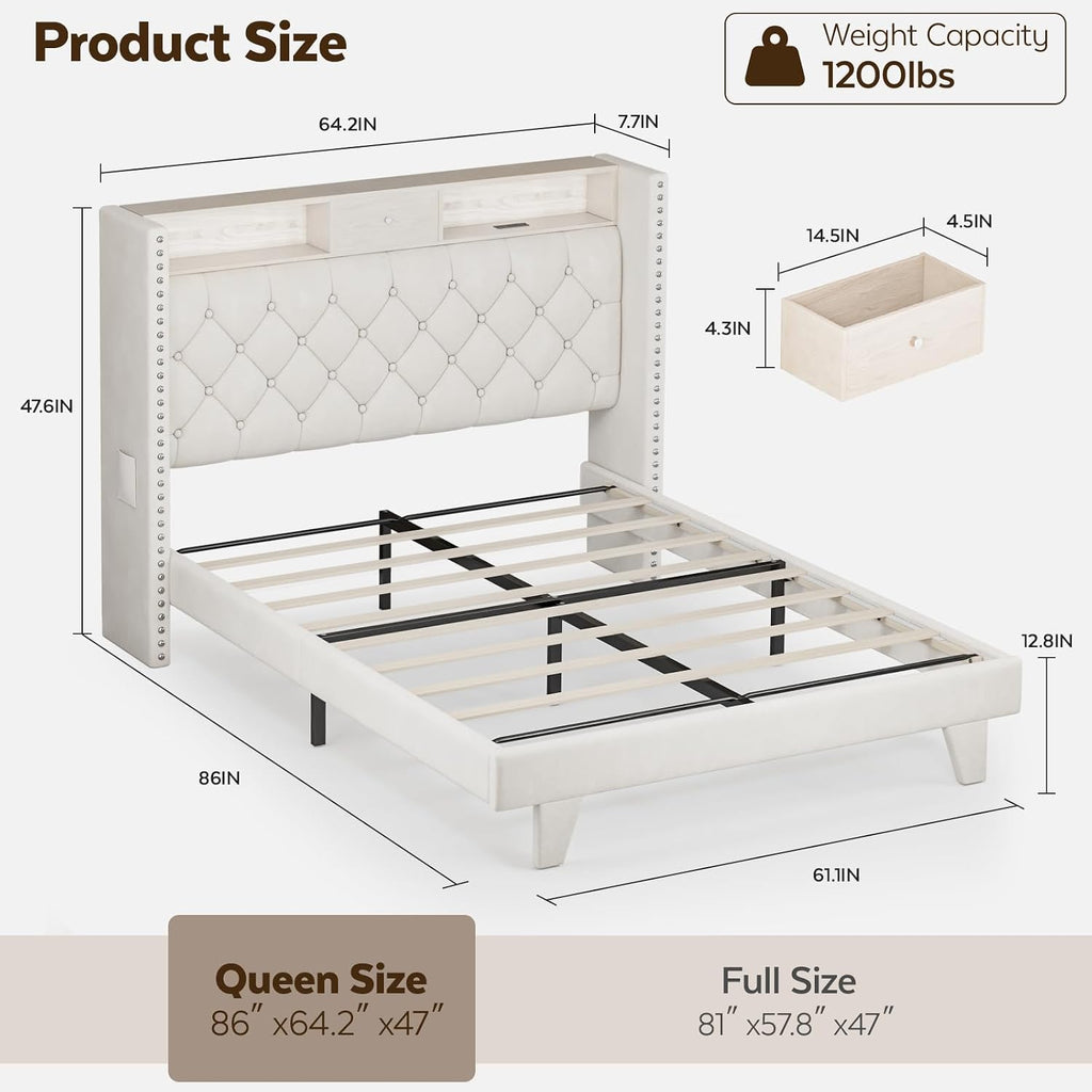 LED Queen Size Bed Frame with USB Charging Station, Velvet Upholstered Platform Bed Frames with Button Tufted Wingback Storage Headboard, Wooden Slats Support, No Box Spring Needed, Beige