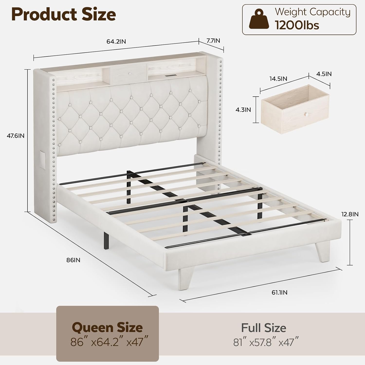 LED Queen Size Bed Frame with USB Charging Station, Velvet Upholstered Platform Bed Frames with Button Tufted Wingback Storage Headboard, Wooden Slats Support, No Box Spring Needed, Beige