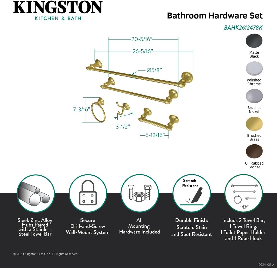 Kingston Brass BAHK2612478K Provence 5-Piece 18-Inch and 24-Inch Towel Bars Bathroom Accessory Set in Matte Black