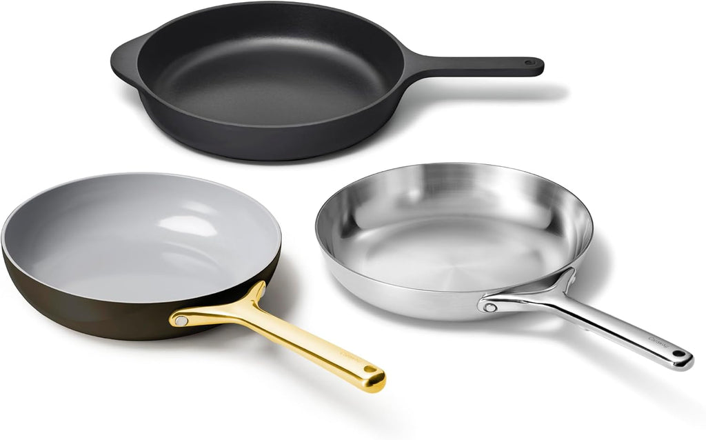 Caraway Fry Pan Sampler Bundle - 10.5' Non-Stick Ceramic Frying Pan, 10.5' Stainless Steel Fry Pan, 10.5' Enameled Cast Iron Skillet - Non Toxic, Oven Safe - Black, Charcoal