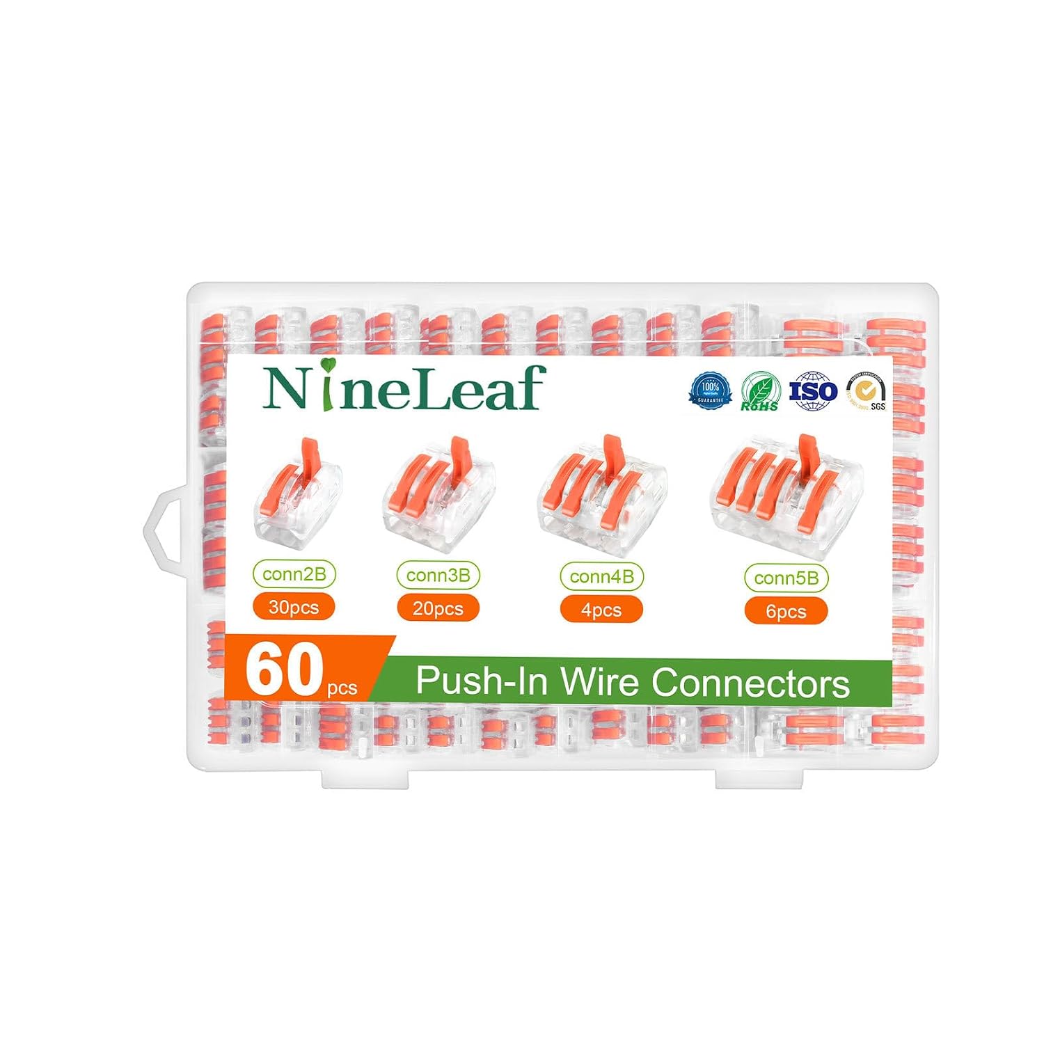 NineLeaf 60 Pcs Lever Wire Connectors Kit, 2/3/4/5 Port Push-in Electrical Wire Nuts with Test Hole for AWG 28-12, Reusable Quick Splice Assortment with Organized Storage Box,100 Set
