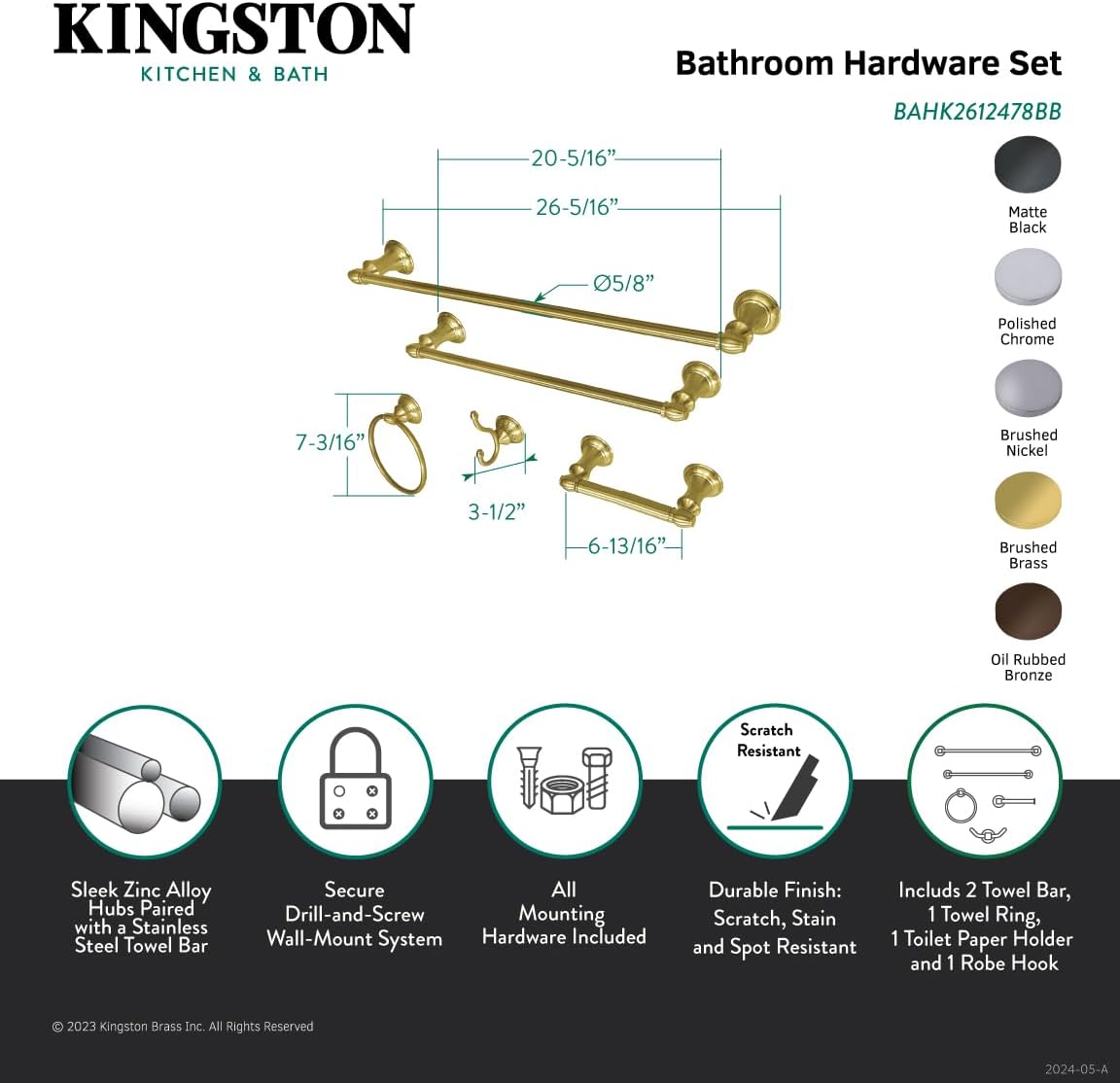 Kingston Brass BAHK2612478BB Provence Bathroom Hardware Set, Brushed Brass, 24 x 3.5 x 2.56