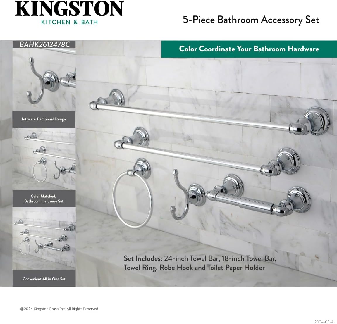 Kingston Brass BAHK2612478K Provence 5-Piece 18-Inch and 24-Inch Towel Bars Bathroom Accessory Set in Matte Black