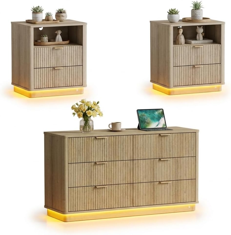 Dresser and Nightstand Sets 3 Piece, Bedroom Set with Charging Station, Large 6 Drawer Dresser for Bedroom and Night Stand Set of 2, Mid Century Modern Bedroom Furniture Set with Motion Sensor Lights