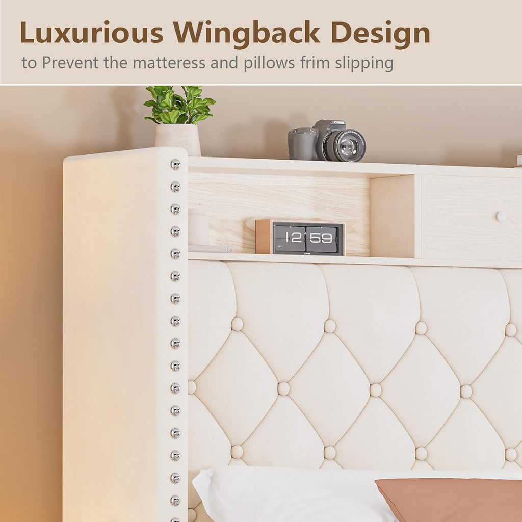 LED Queen Size Bed Frame with USB Charging Station, Velvet Upholstered Platform Bed Frames with Button Tufted Wingback Storage Headboard, Wooden Slats Support, No Box Spring Needed, Beige