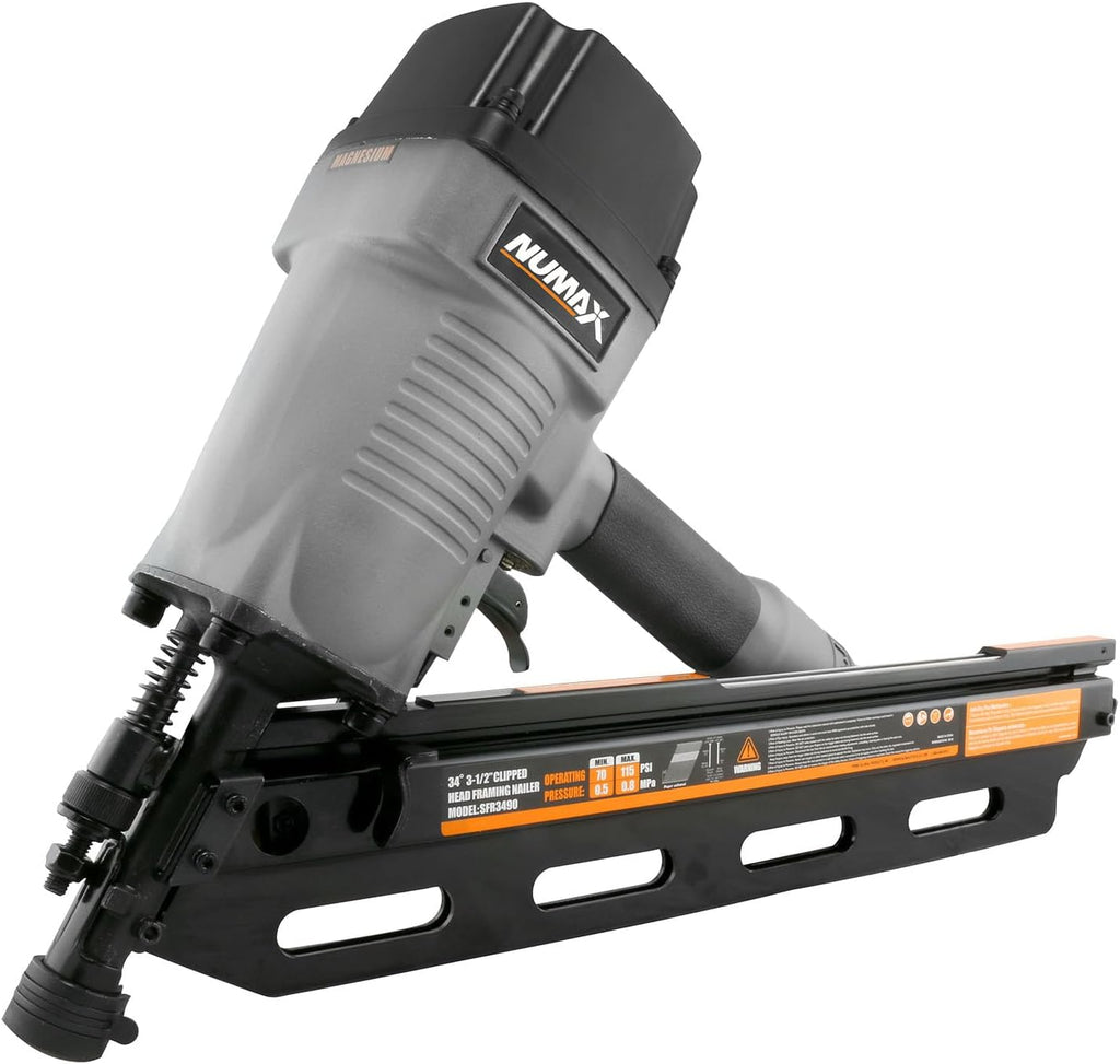 Numax 34 Degree Clipped head 3-1/2' Pneumatic Clip Head Framing Nailer | Anti-Dry-Fire, Dual Trigger, Depth Adjust, No Mar Tip, Lightweight & Durable Design | SFR3490