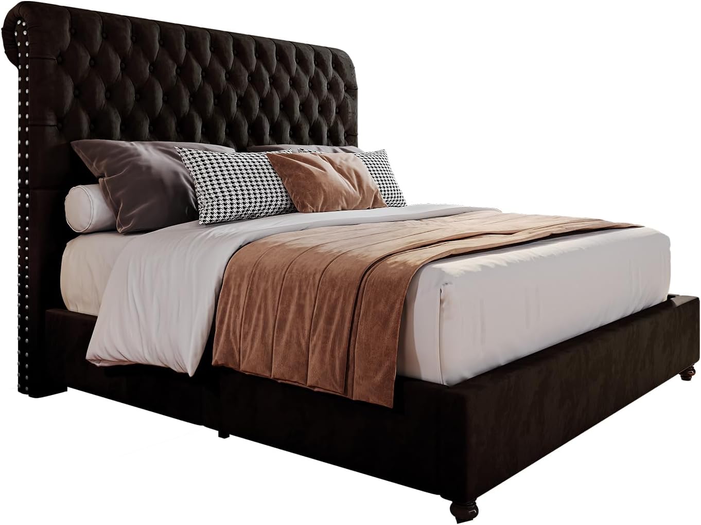 PaPaJet King Bed Frame Upholstered Platform Bed Frame with 53'' Tall Sleigh Headboard, Button Tufted, No Box Spring Needed, Easy Assembly, Black