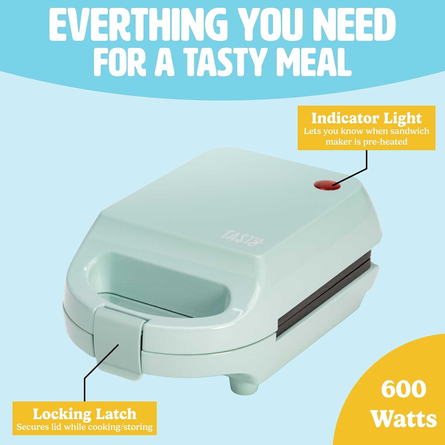 Tasty Mini Sandwich Maker,Makes Sandwiches,Paninis,Grilled Cheese,Desserts,Quick Results,Easy Cleanup,600W,Aqua,(Pack of 6)