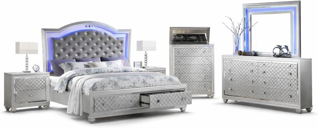 First of a Kind Shiney Contemporary 5 Piece Queen Bedroom Set High Gloss Silver Finish with Upholstered Headboard, Sleek Modern Bedroom Furniture Set for Coordinated Interiors