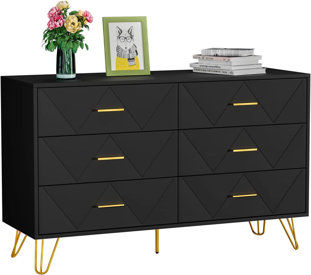 CARPETNAL Black Dresser for Bedroom, 6 Drawer Dresser with Wide Drawers and Gold Handles, Modern Wood Dressers & Chest of Drawers TV Stand for Living Room, Hallway, Entryway.