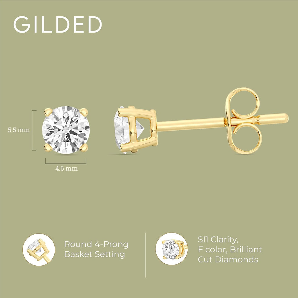 Gilded Lab-Grown Diamond Stud Earrings | 925 Sterling Silver Studs and 14KT Gold 925 Plated Silver | Hypoallergenic Fine Jewelry | 4-Prong Basket, Push Back Nut | Round Cut, SI1 Clarity, F Color | 1/10,1/5,1/4,1/3,3/8,1/2,3/4,7/8,1,1 1/2 ct tw