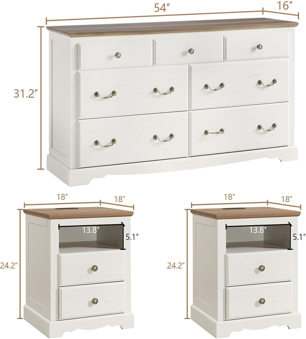 AMERLIFE Farmhouse 3 Pieces Bedroom Sets, Include 54' Wide 7 Drawers Dresser, Nightstand Set of 2 with Charging Station, Rustic Retro Bedroom Furniture Set, White