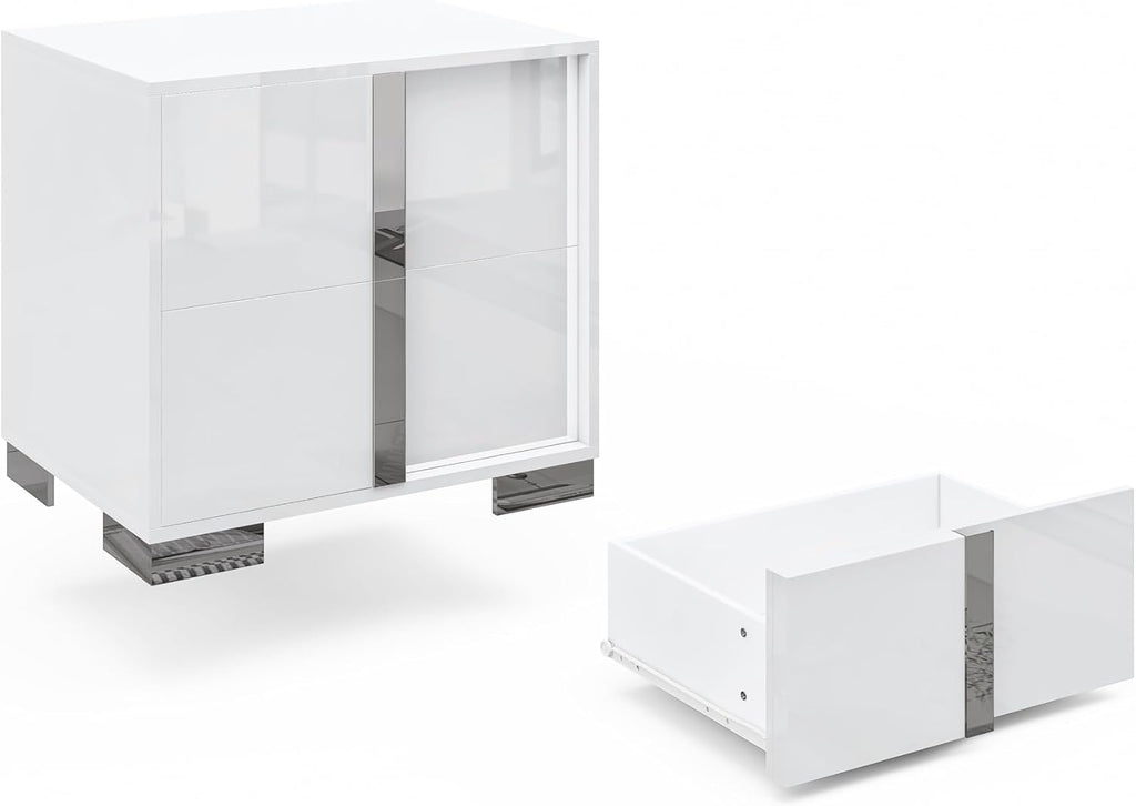 AMERLIFE Nightstand, 23.6'' Modern End Table with Drawers, High Gloss UV Finish, Electroplated Pull Handle, Bedside Table for Bedroom, White