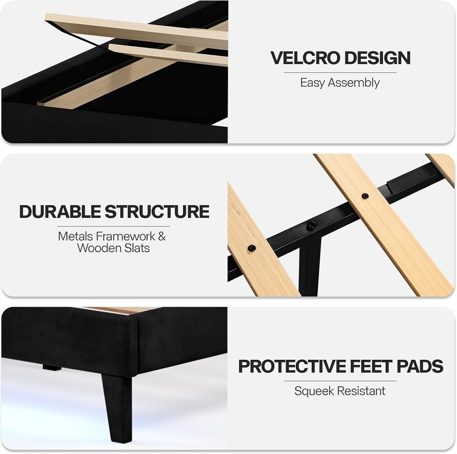 Lihimte Queen Size Bed Frame with Led Lights, Upholstered Velvet Platform Bed Frames with Button Tufted Wingback Headboard and Footboard, Wooden Slats Support, No Box Spring Needed, Black