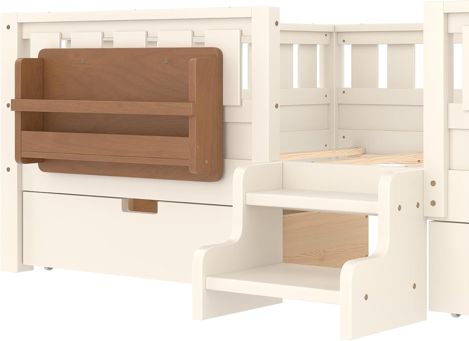 Bellemave Queen Size Montessori Bed with Slats and Stairs, Queen Size Platform Bed Frame with Fence, Bookshelf and Storage Drawers, Low Profile Beds Beds for Girls, Boys, Beige