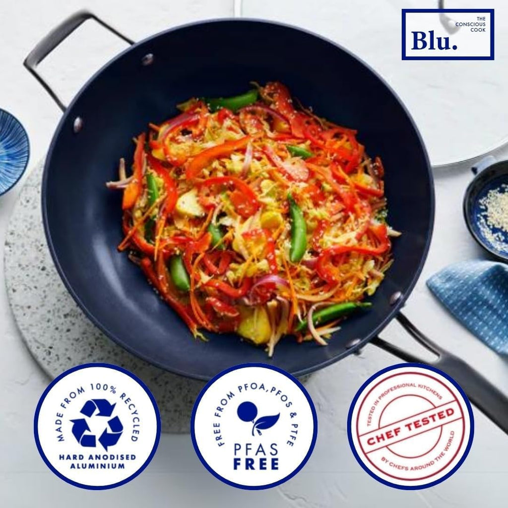 Blu. Cookware 12.6' Wok with Lid, Durable Non-Stick Stir Fry Pan, Non-Toxic, PFA/PFOA-Free, Suitable for All Cooktops, Includes Bamboo Brush