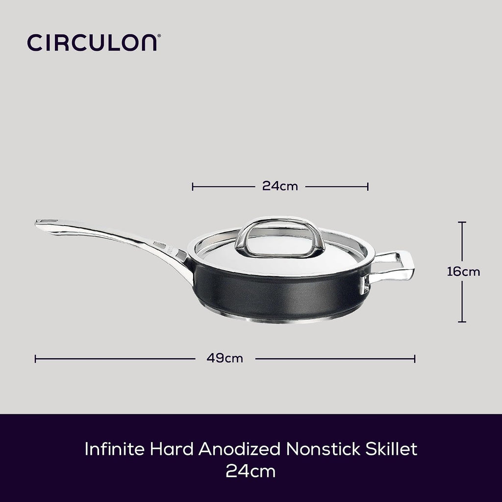 Circulon Infinite Saute Pan with Lid 24cm - Non Stick Induction Suitable Deep Frying Pan with Stainless Steel Lid, Base & Handles, Premium Dishwasher Safe, Heavy Gauge Hard Anodised Cookware