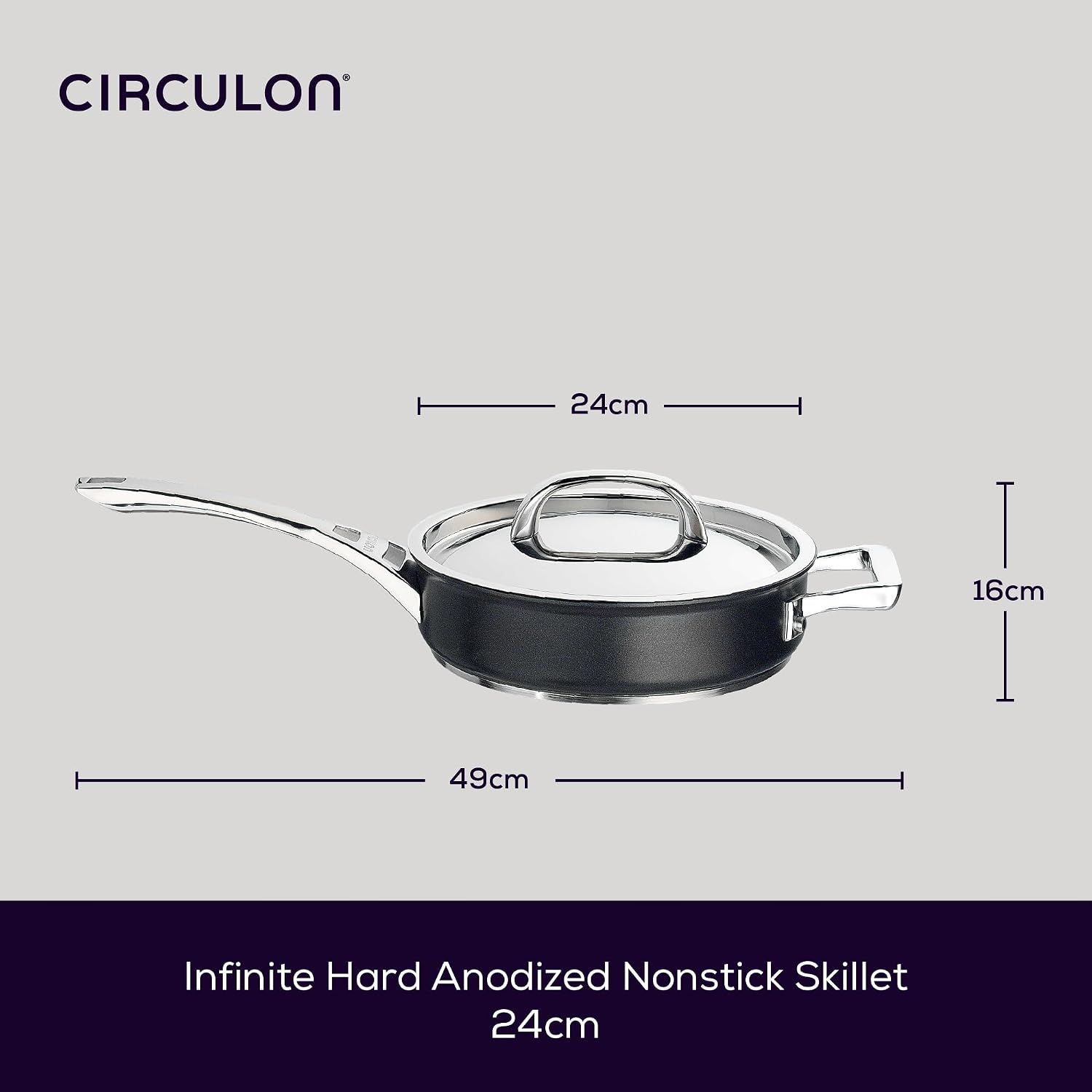 Circulon Infinite Saute Pan with Lid 24cm - Non Stick Induction Suitable Deep Frying Pan with Stainless Steel Lid, Base & Handles, Premium Dishwasher Safe, Heavy Gauge Hard Anodised Cookware