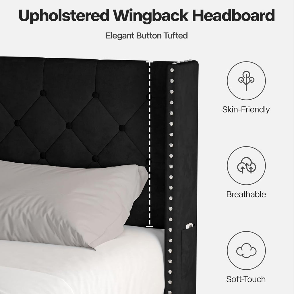 Lihimte Queen Size Bed Frame with Led Lights, Upholstered Velvet Platform Bed Frames with Button Tufted Wingback Headboard and Footboard, Wooden Slats Support, No Box Spring Needed, Black