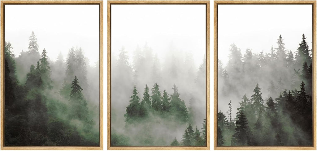 SIGNWIN Framed Canvas Print Wall Art Woodland Nursery Decor Set Fog & Mist Over Green Pine Tree Forest Nature Wilderness Modern Art Chic Landscape for Living Room, Bedroom, Office - 24'x36'x3 Natural