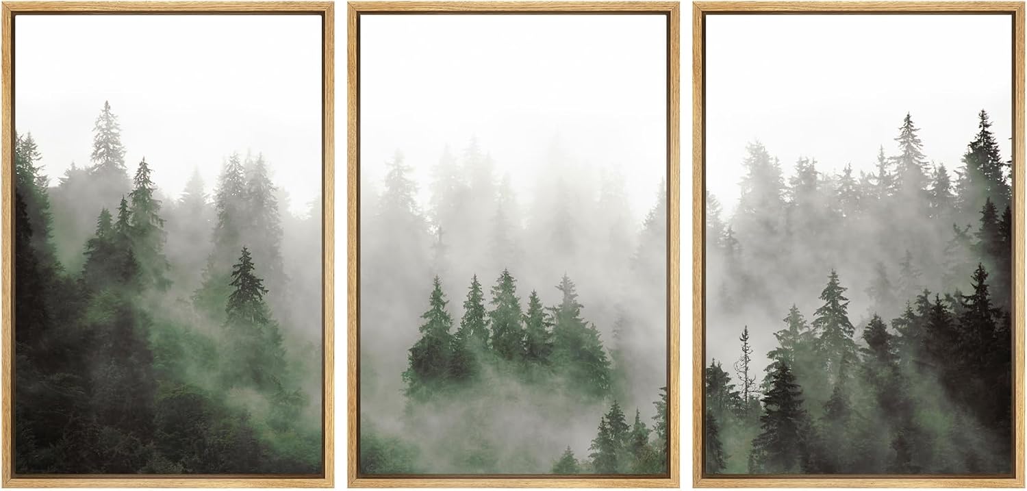 SIGNWIN Framed Canvas Print Wall Art Woodland Nursery Decor Set Fog & Mist Over Green Pine Tree Forest Nature Wilderness Modern Art Chic Landscape for Living Room, Bedroom, Office - 24'x36'x3 Natural
