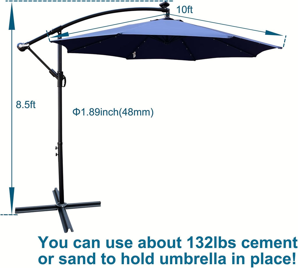 10ft 8 Ribs Outdoor Patio Umbrella with 24 LED Lights, Solar Powered Lighted Sun Shade Market Umbrella with Crank and Cross Base, for Garden Deck Backyard Pool Deck Swimming Pool