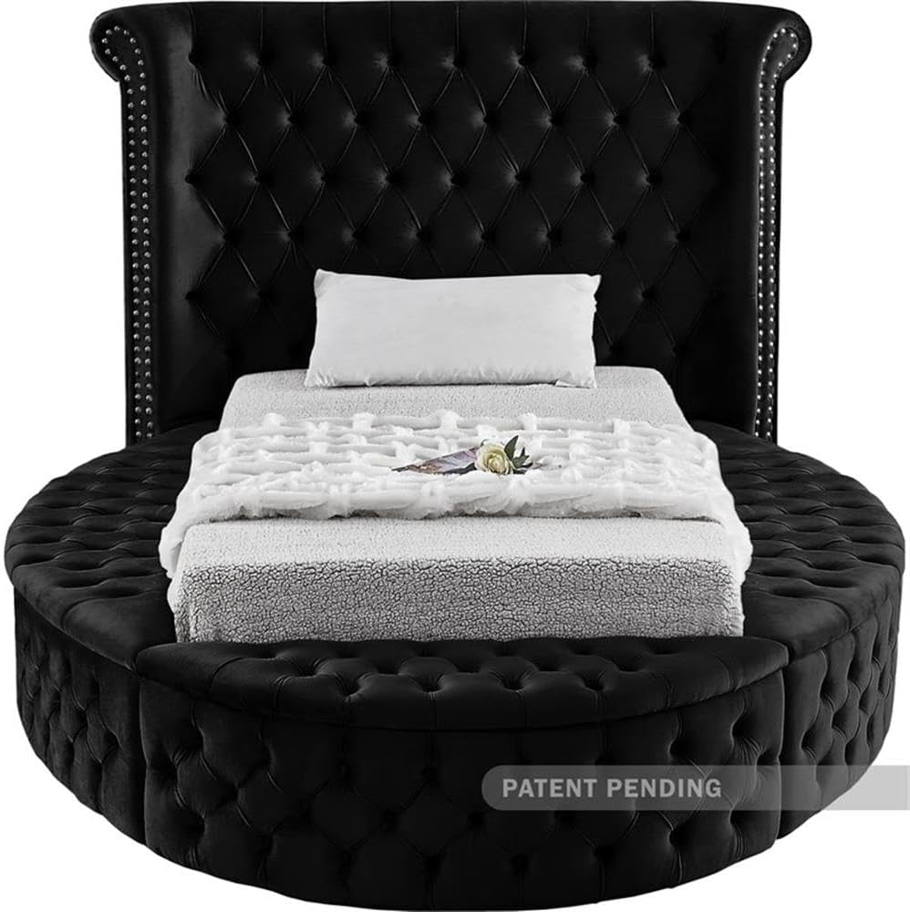 Meridian Furniture Luxus Collection Modern | Contemporary Round Shaped Velvet Upholstered Bed with Deep Button Tufting and Footboard Storage, Twin, Black