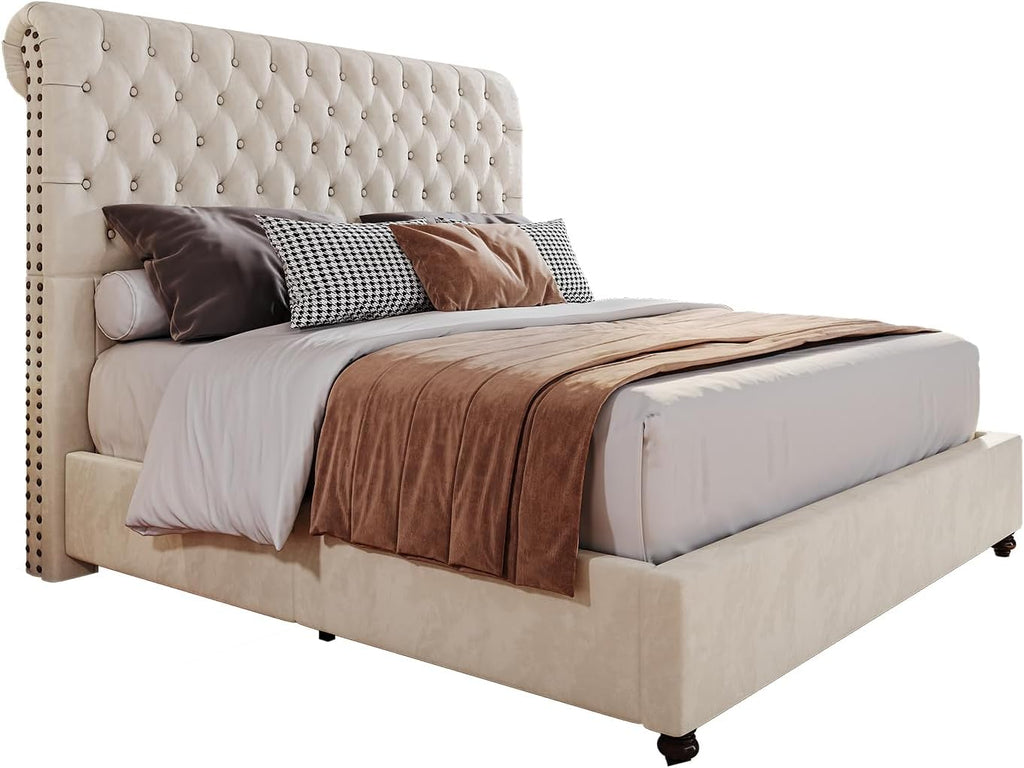 PaPaJet King Bed Frame Upholstered Platform Bed Frame with 52.8'' Tall Sleigh Headboard, Button Tufted, No Box Spring Needed, Easy Assembly, Cream