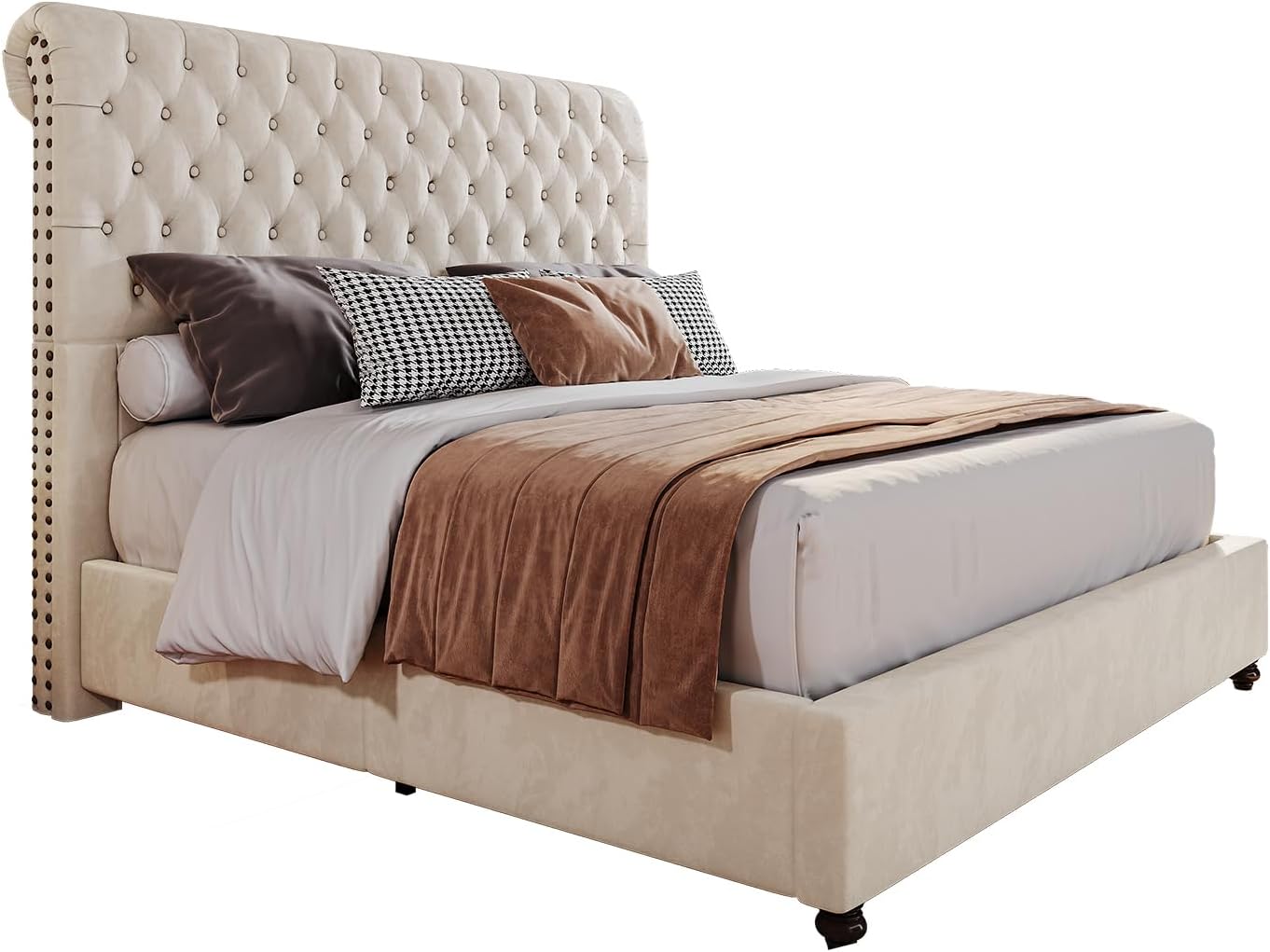 PaPaJet King Bed Frame Upholstered Platform Bed Frame with 52.8'' Tall Sleigh Headboard, Button Tufted, No Box Spring Needed, Easy Assembly, Cream