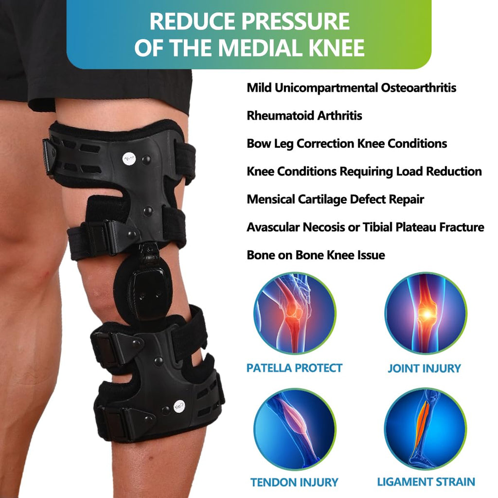 Komzer OA Unloader Knee Brace, Adjustable ROM & Stabilizing Support Used for Unloading Joint Pressure Caused by Bone-on-Bone Osteoarthritis, Capable of Delaying Surgery & Correcting Bow Legs/Valgus (Black, Left)