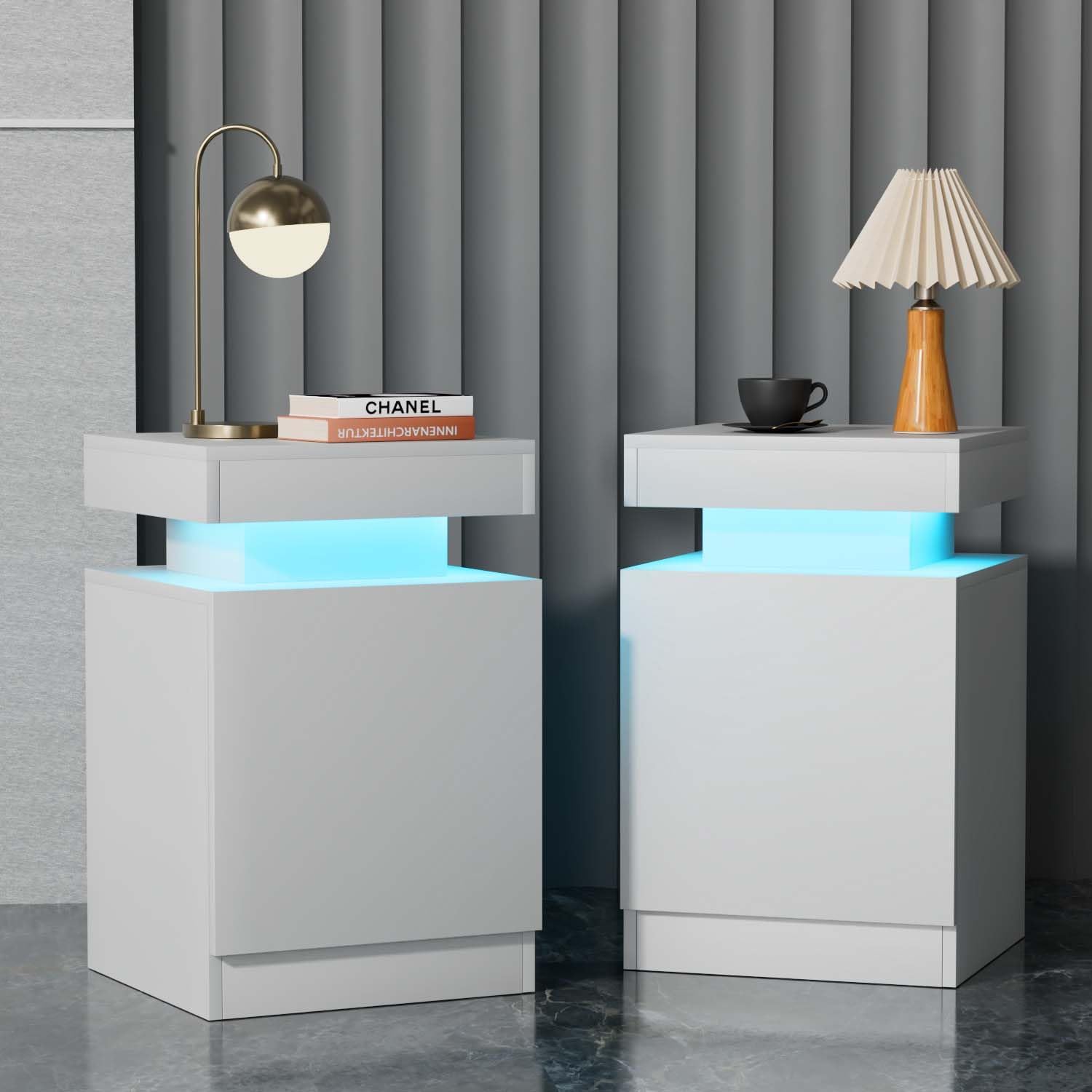 Nightstands Set 2, 15 Inches LED Night Stand Set of 2, Modern Bedside Table with LED Lights, High Gloss Surface, End Table with Storage for Bedroom, Whites