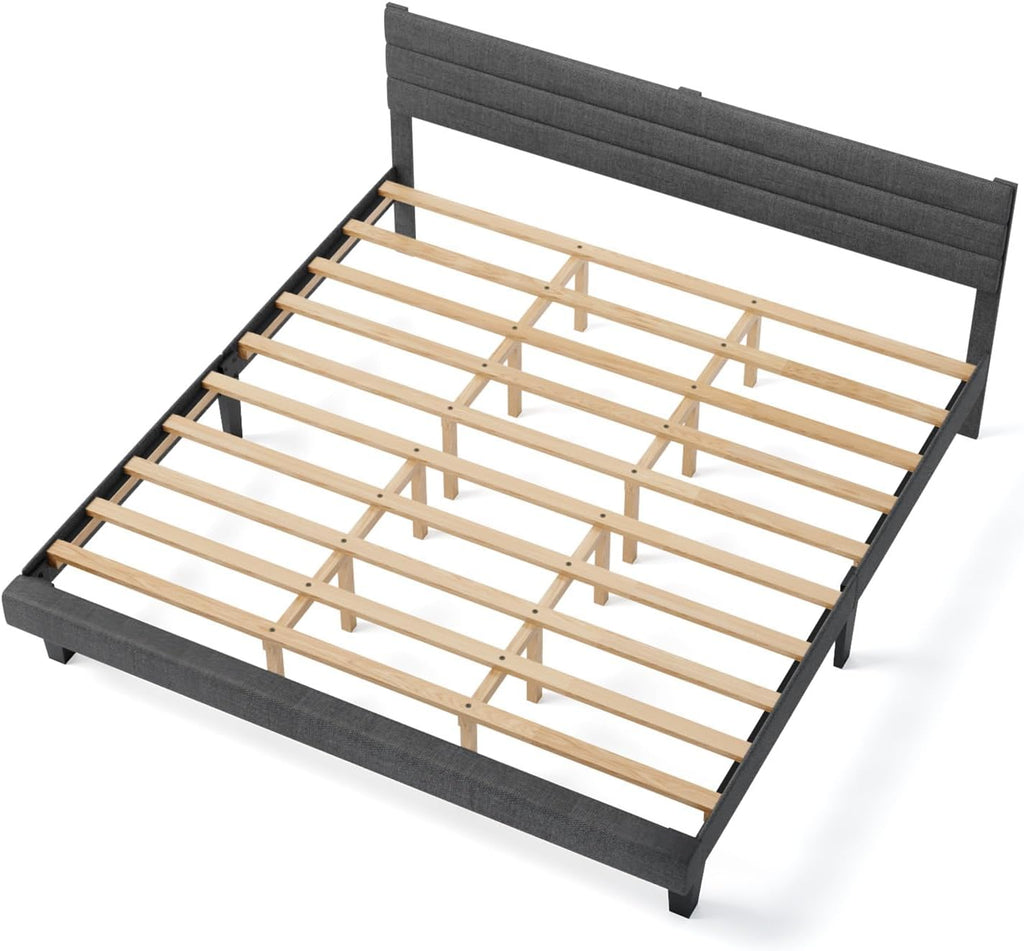 VINGLI King Size Bed Frame and Headboard,Panel Soft Bed with Linen Fabric Upholstered Padding, Low Profile Bed with Durable Wooden Slats Support, No Squeak, Dark Gray