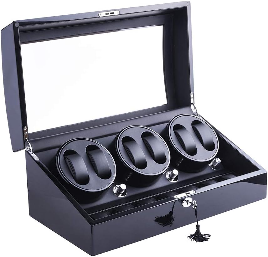 Watch Winder, XTELARY Luxury 3 Motor Quad Watch Winders for Automatic Watches Safe & Wooden Display Box Case 7+8 Storage (Black)