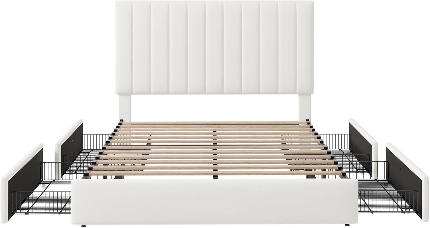 Allewie Queen Size Storage Bed Frame, Vertical Channel Tufted Adjustable Headboard, Velvet Upholstered Platform Bed with 4 Oversized Underbed Drawers, Wooden Slats Support, No Box Spring Needed, White
