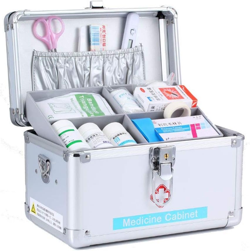 First Aid Kit Lockable Emergency Box Survival Kits Security Lock Medicine Storage Carrying Case with Portable Handle 24.5 × 16 15cm(Silver)