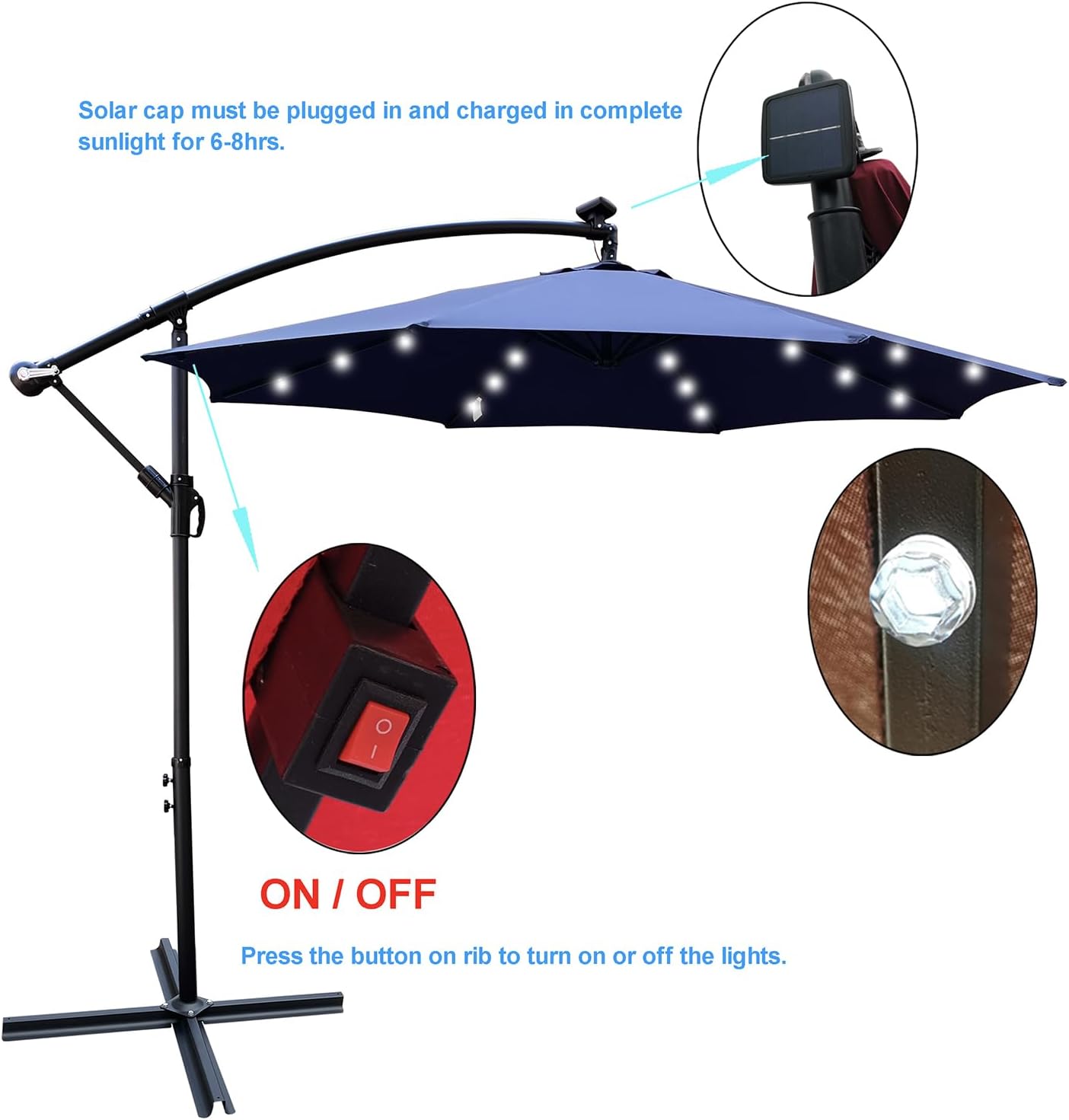 10ft 8 Ribs Outdoor Patio Umbrella with 24 LED Lights, Solar Powered Lighted Sun Shade Market Umbrella with Crank and Cross Base, for Garden Deck Backyard Pool Deck Swimming Pool