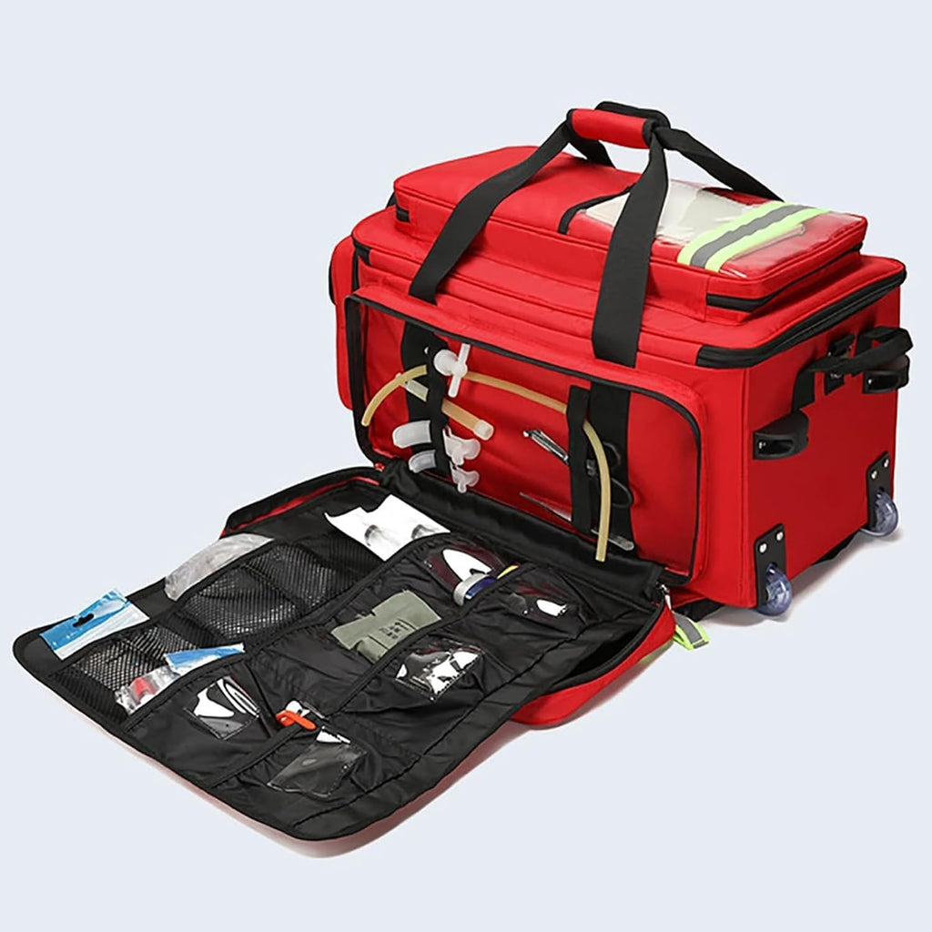 Portable First Aid Kit Bag, Large Capacity Outdoor Emergency Medical Duffle Bag, Medical Trolley Bag with Inner Dividers(Red)