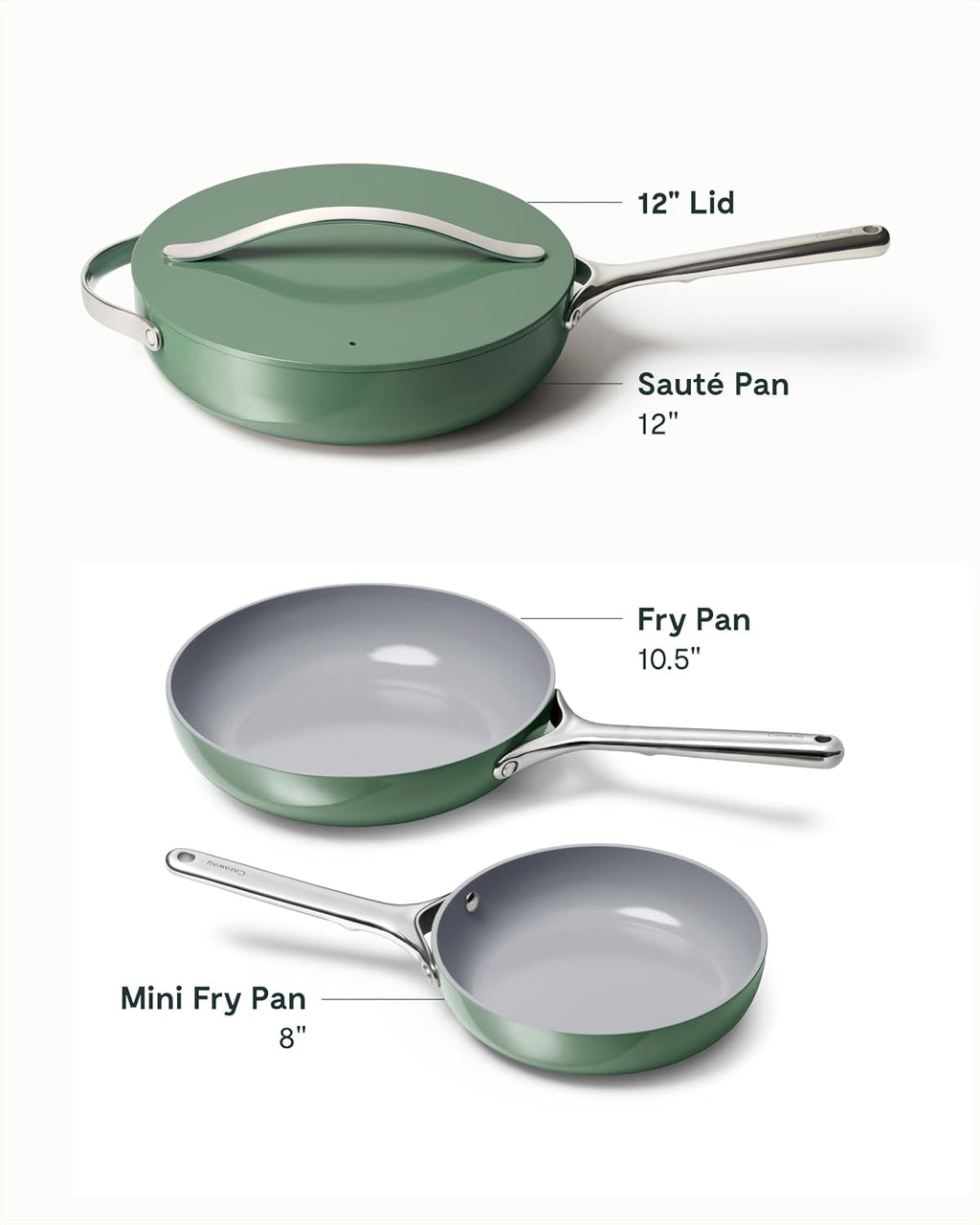 Caraway 4-Piece Fry Pan Set - Non-Stick Frying Pans (10.5' & 8') & Non-Stick Sauté Pan - Non Toxic, PTFE & PFOA Free - Oven Safe & Compatible with All Stovetops (Gas, Electric & Induction) - Sage