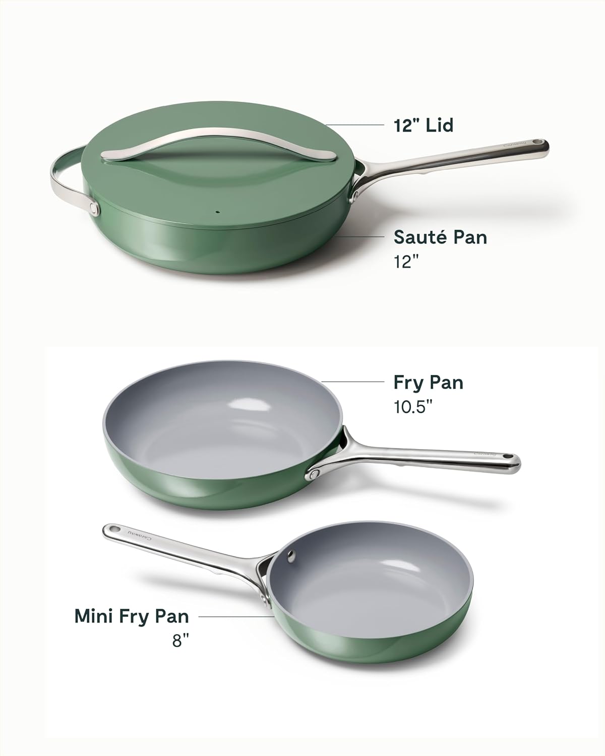 Caraway 4-Piece Fry Pan Set - Non-Stick Frying Pans (10.5' & 8') & Non-Stick Sauté Pan - Non Toxic, PTFE & PFOA Free - Oven Safe & Compatible with All Stovetops (Gas, Electric & Induction) - Sage