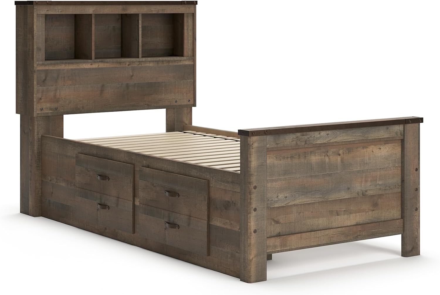 Signature Design by Ashley Trinell Casual Twin Bookcase Platform Bed with 2 Storage Drawers and Nailheads, Foundation or Box Spring Not Needed, Dark Brown