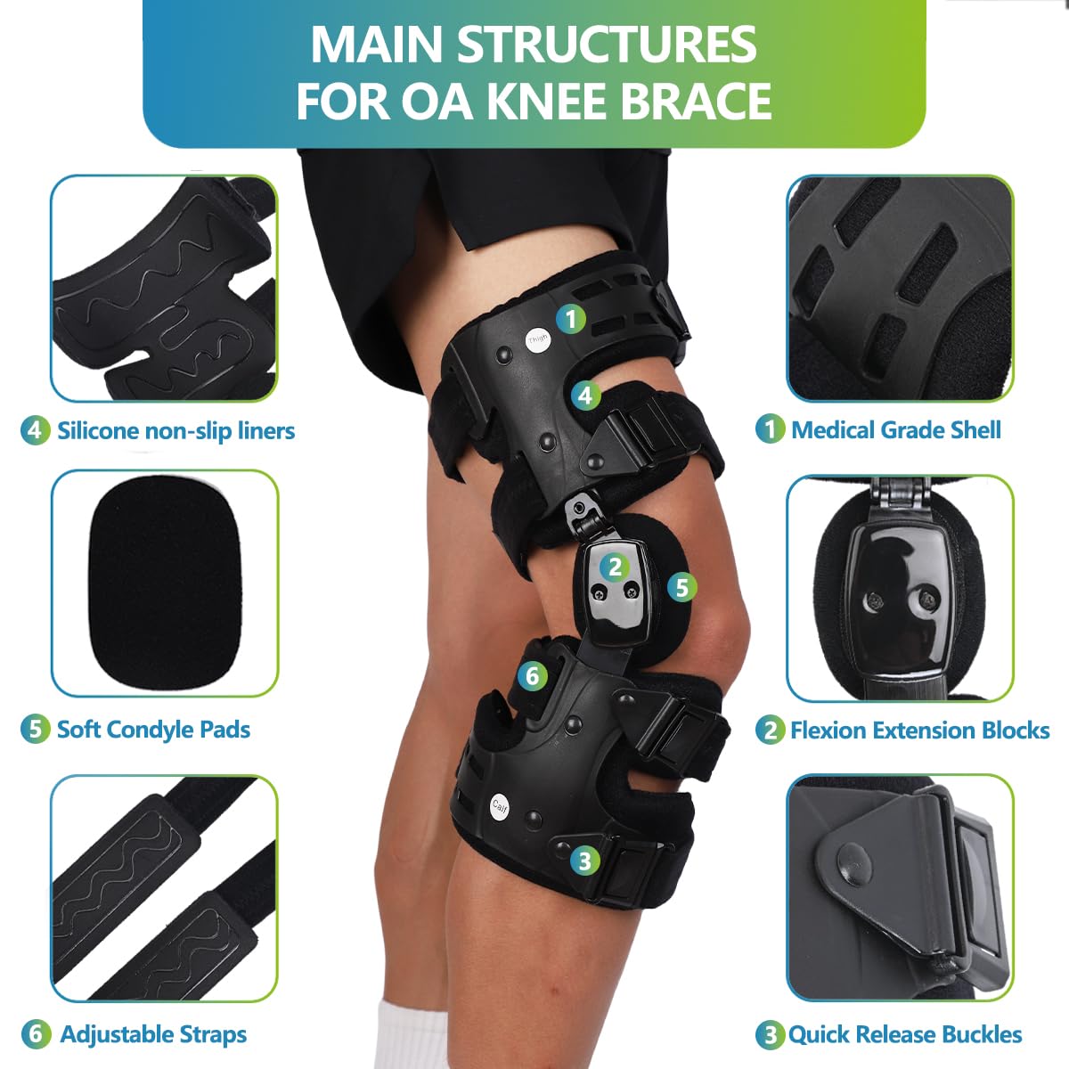 Komzer OA Unloader Knee Brace, Adjustable ROM & Stabilizing Support Used for Unloading Joint Pressure Caused by Bone-on-Bone Osteoarthritis, Capable of Delaying Surgery & Correcting Bow Legs/Valgus (Black, Left)