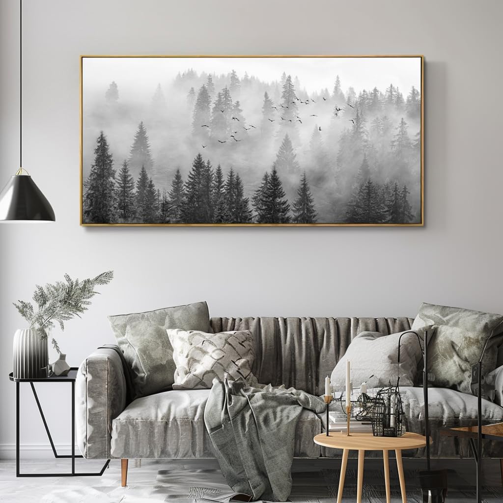 vgrozirh Framed Ready to Hang Wall Art Foggy Forest Black and White Wall Art Nature Landscape Mountain Photographic Printed on Canvas for Bedroom Living Room Office Home Decor 24'x48'