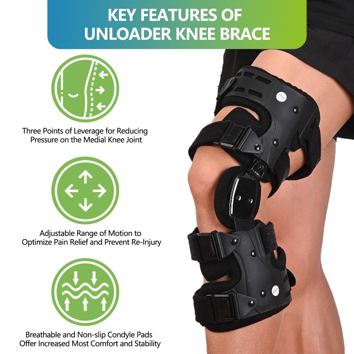Komzer OA Unloader Knee Brace - Adjustable 3-Point Medial/Lateral Offloading Support for Osteoarthritis Pain, Bone-on-Bone Joint Degeneration & Recovery, ROM Control, Universal Fit for Men & Women, Black, Right